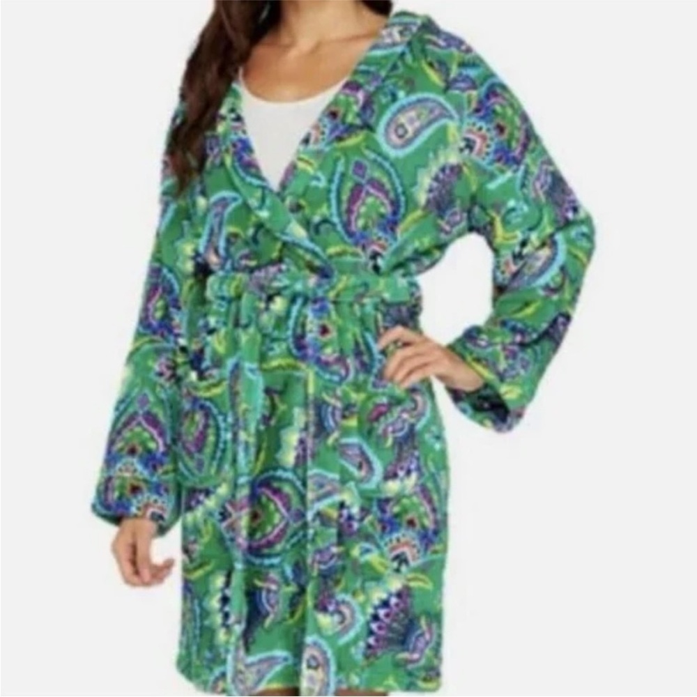 Vera Bradley Emerald Paisley Fleece Hooded Bath Robe Green S/M - Picture 9 of 9